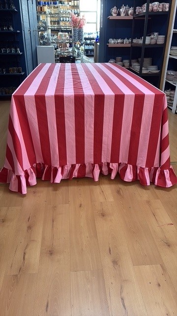 Red Pink Stripe Tablecloths with Red Checked Frill - Image 2