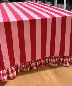 Red Pink Stripe Tablecloths with Red Checked Frill - Image 3
