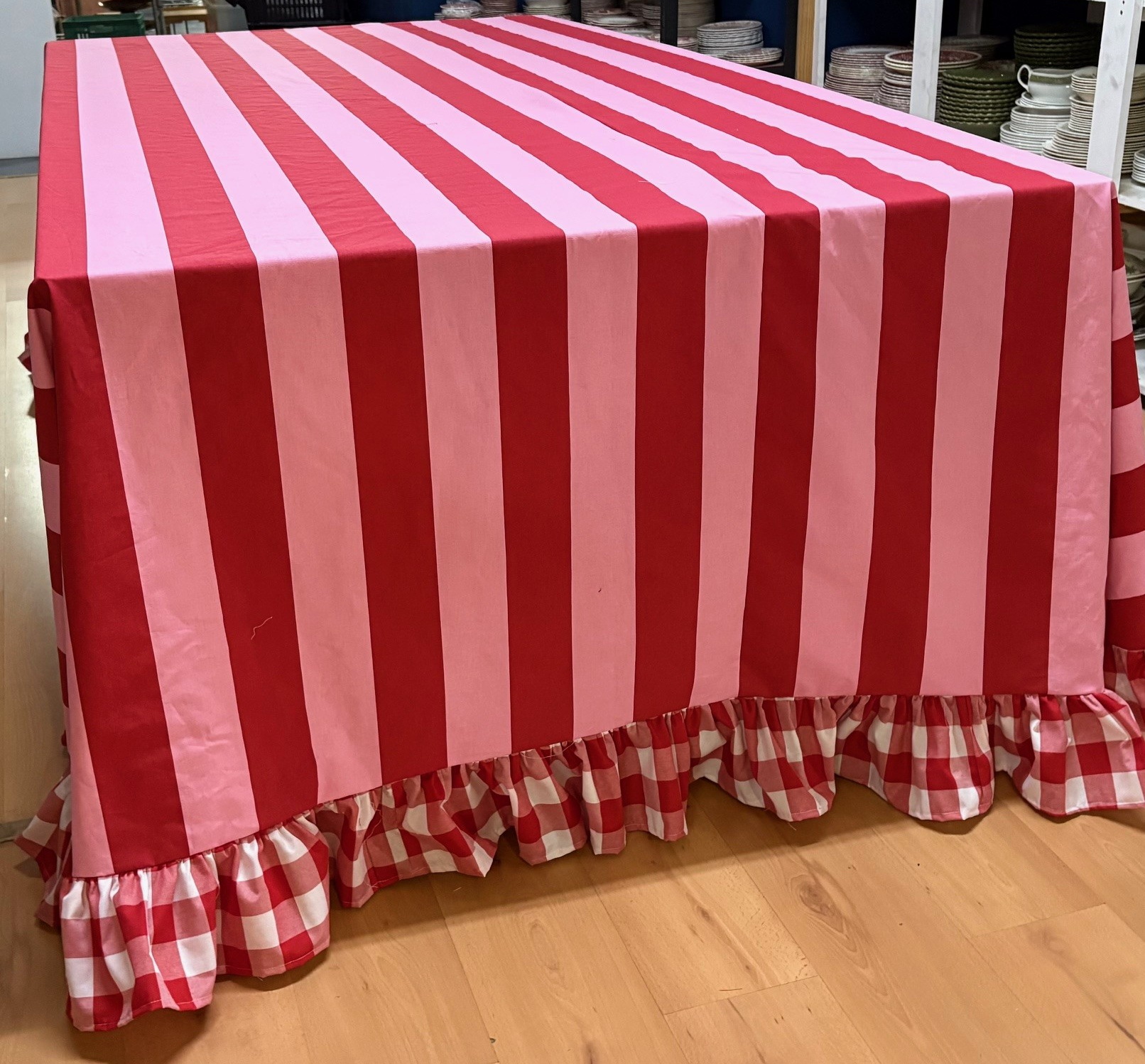 Red Pink Stripe Tablecloths with Red Checked Frill - Image 3